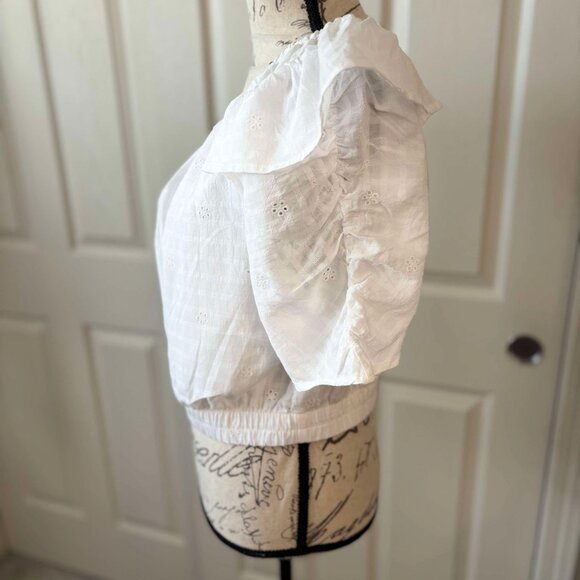 NWT Women's White One Shoulder Crop Top with Ruffled & Cinched Arm - Picture 8 of 9